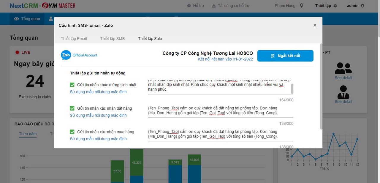 Phần mềm Gym tích hợp Zalo
